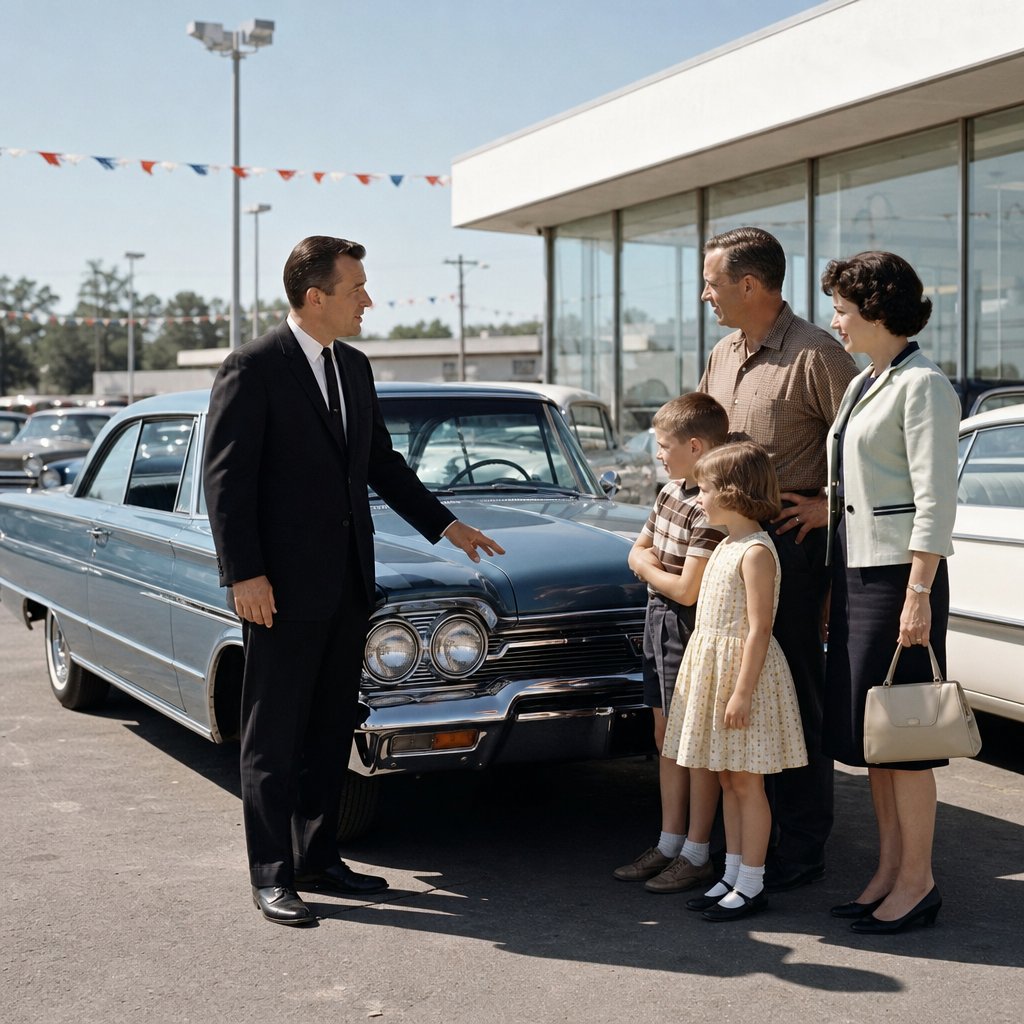 A 1960s car salesperson shows a family a sedan at an outdoor auto dealership.