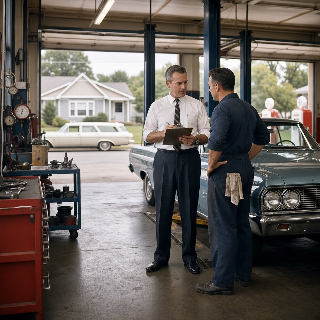 A 1960s automotive service manager reviews maintenance notes beside a classic car in a repair garage.
