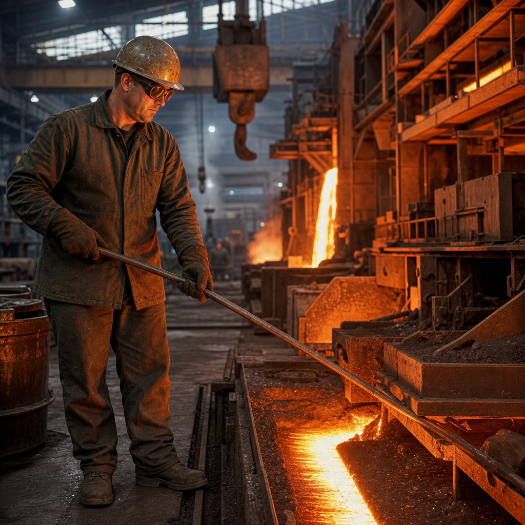 A 1960s steel mill worker in protective clothing stands beside glowing industrial machinery inside a large steel plant.
