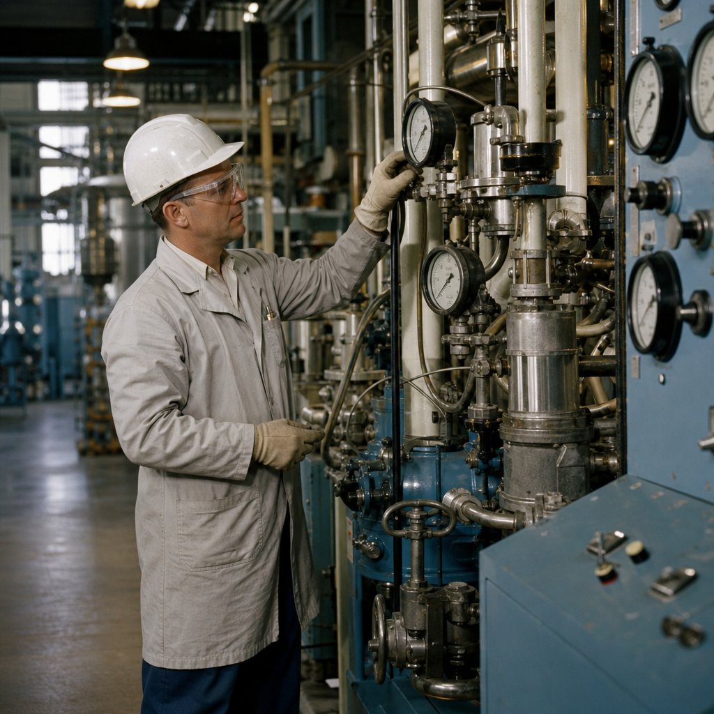 A chemical plant technician in protective clothing inspects gauges and valves inside a mid-century industrial facility.