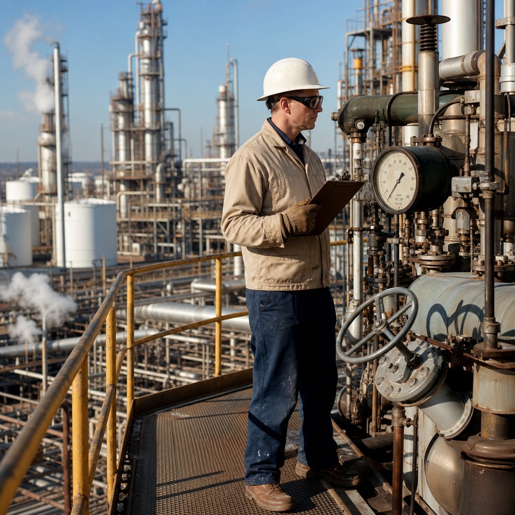 An oil refinery operator in protective clothing inspects equipment on a refinery walkway.