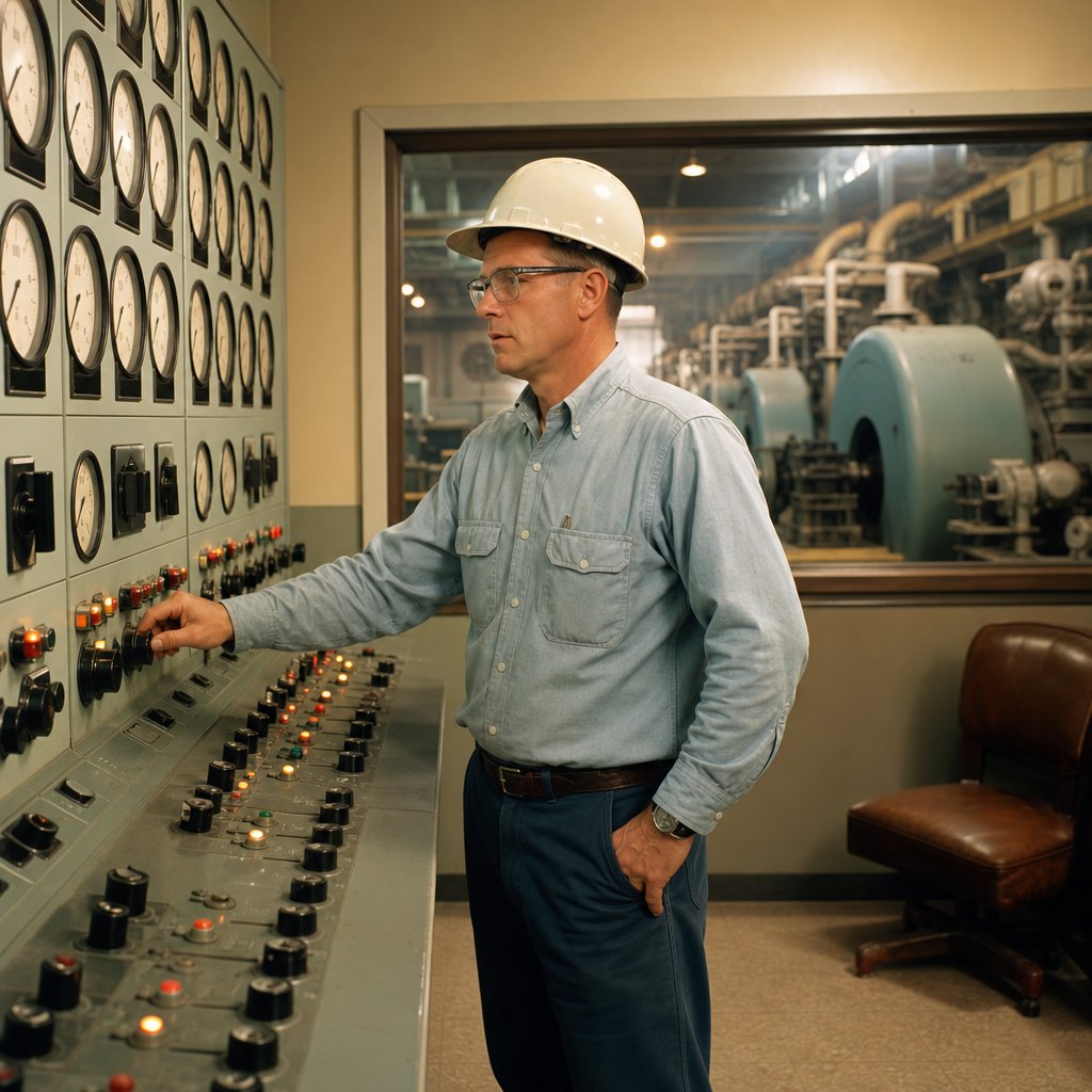 A 1960s power-plant operator monitors analog control panels inside an industrial power station.