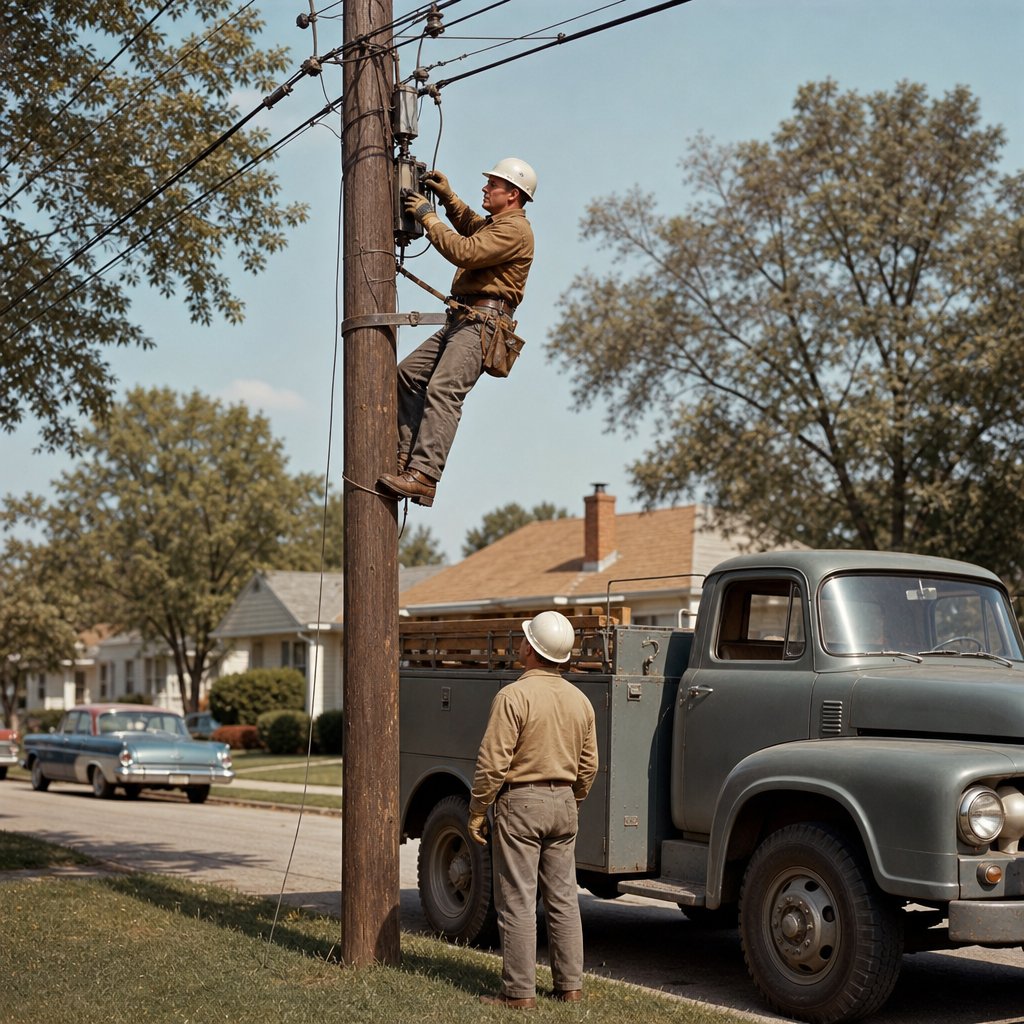 A 1960s electric utility lineman repairs overhead power lines while a coworker waits beside a utility truck.