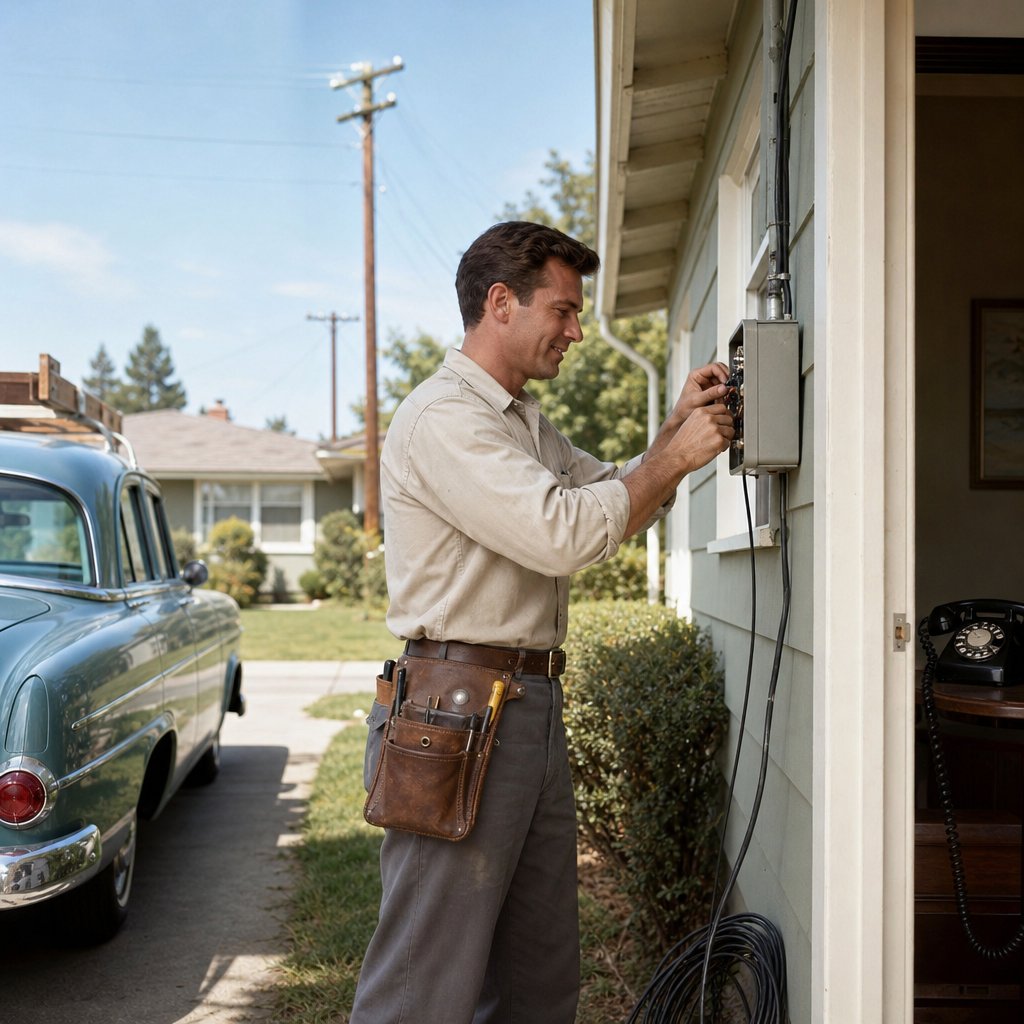 A 1960s telephone installer repairs a connection outside a suburban home beside a vintage service vehicle.