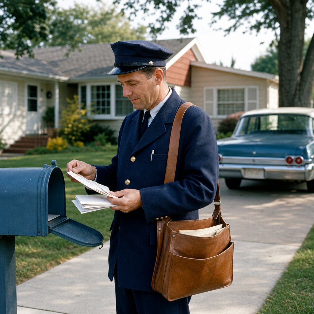 A 1960s postal carrier delivers mail beside a mailbox outside a suburban home.