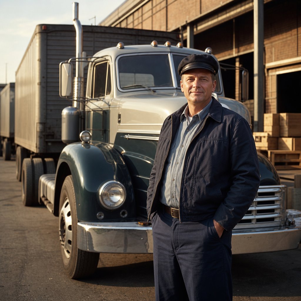 A 1960s truck driver stands beside a vintage semi-truck at a freight depot.