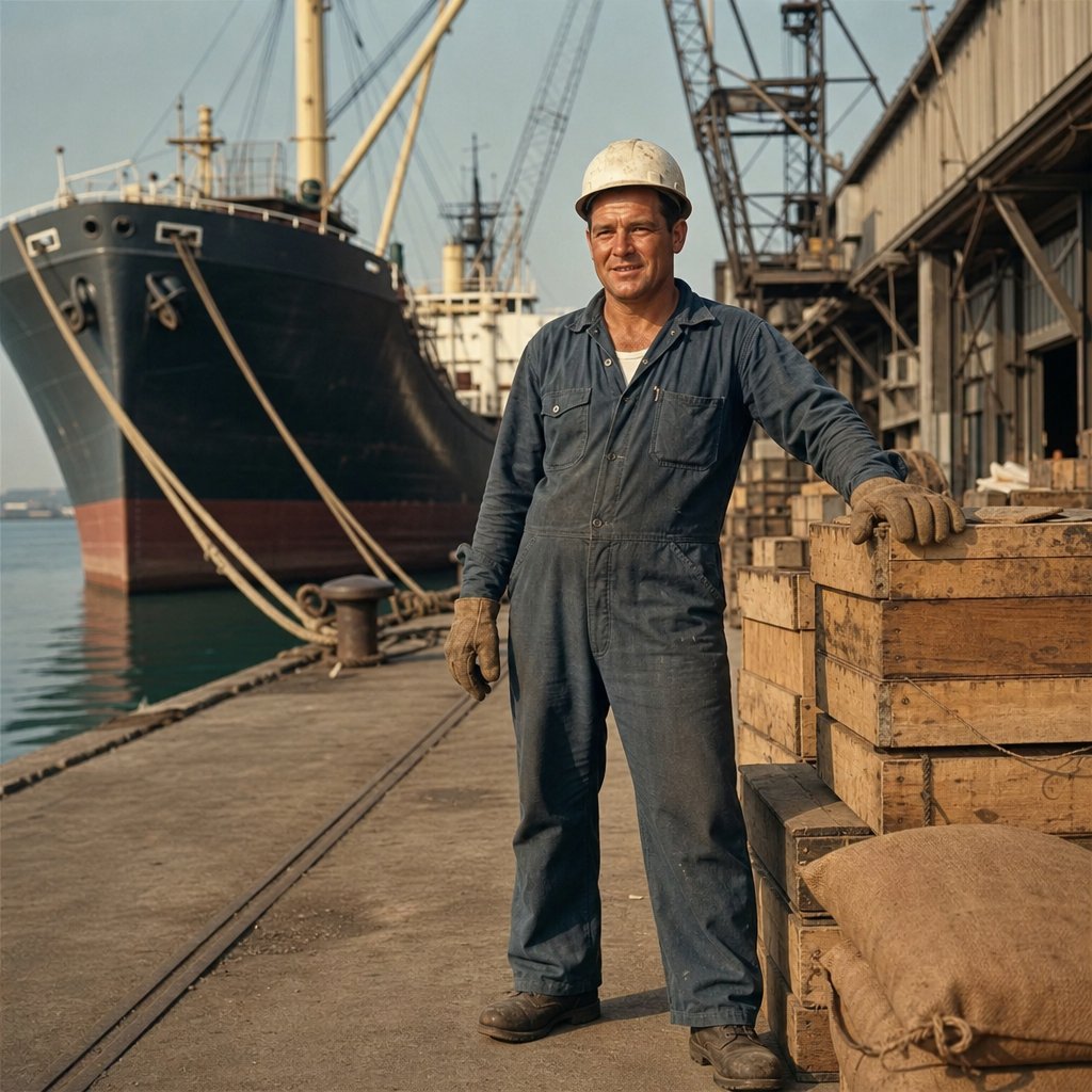 A 1960s longshoreman in work clothes stands beside cargo crates at a busy seaport.