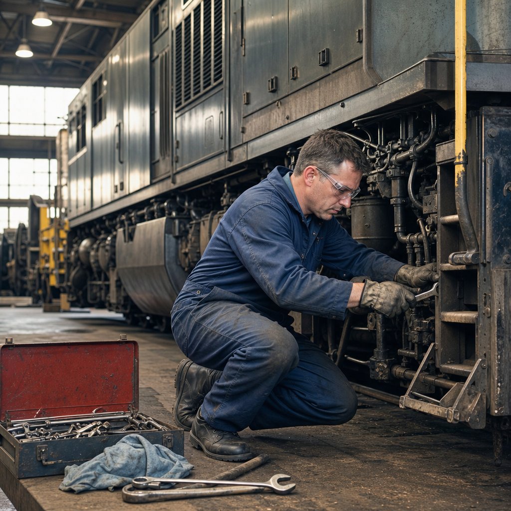 A 1960s locomotive mechanic inspects the machinery of a vintage diesel train inside a railway repair depot.