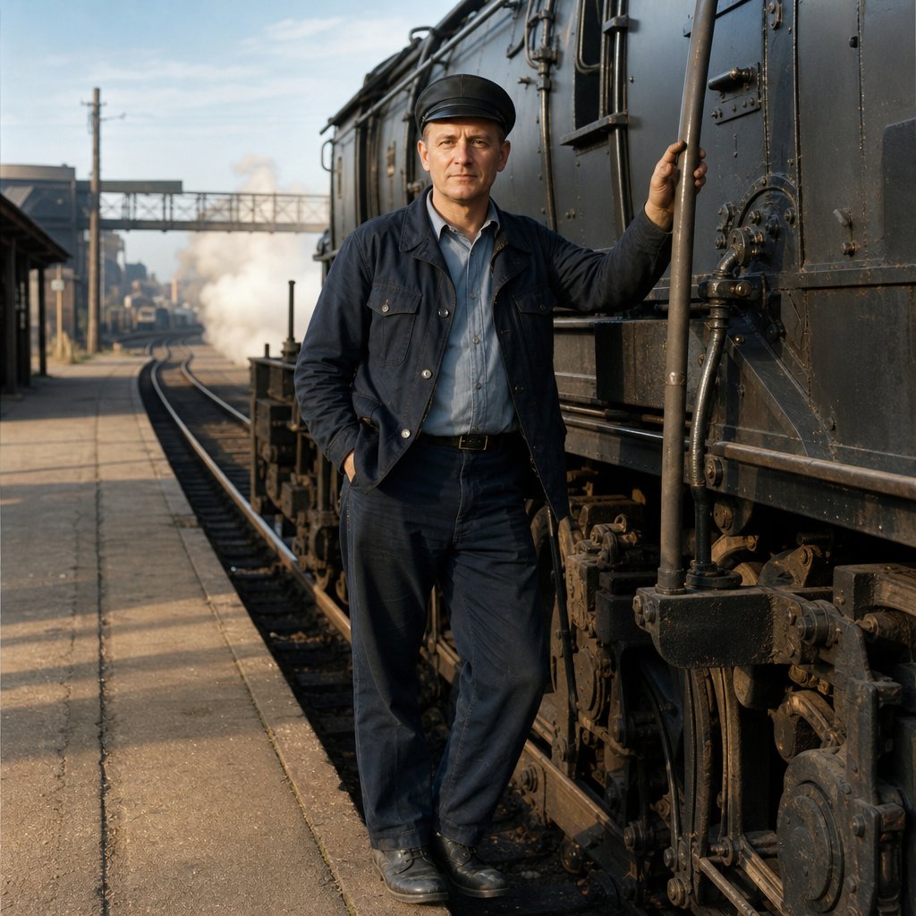 A 1960s railroad engineer stands beside a diesel locomotive at a railway station.
