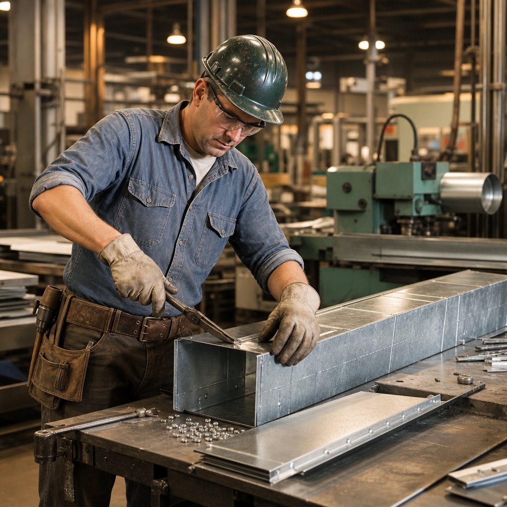 A sheet-metal worker shapes a metal panel at a workbench in a 1960s industrial workshop.