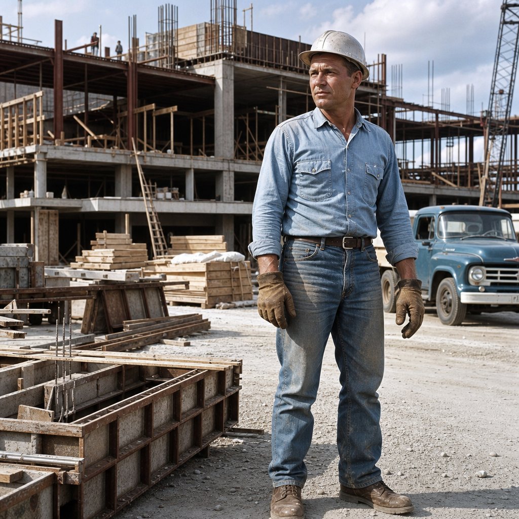 A 1960s construction worker in protective clothing stands at a commercial building site surrounded by scaffolding and building materials.