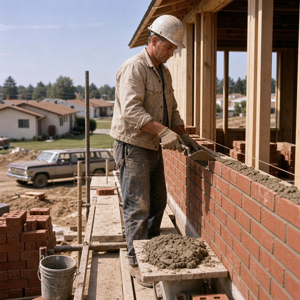 A 1960s bricklayer builds a suburban house wall while working with bricks and mortar.