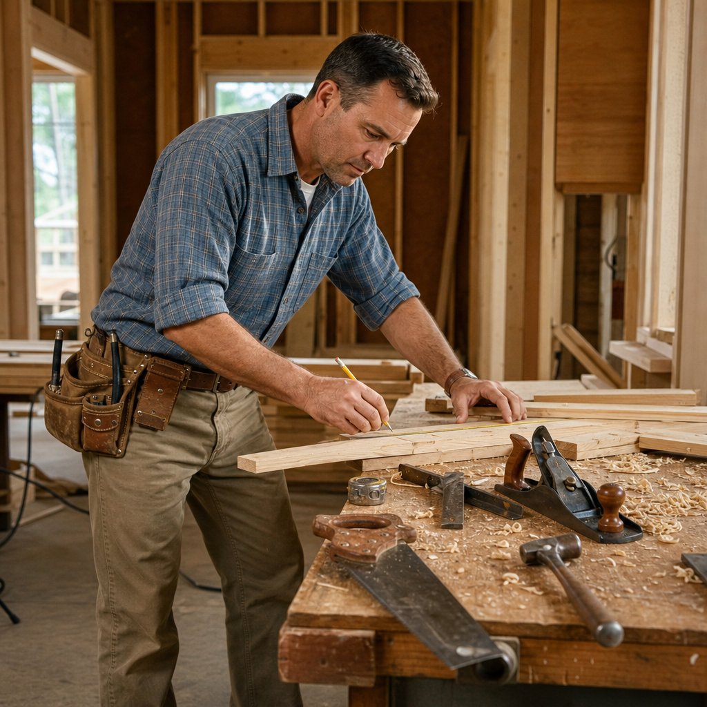 A 1960s carpenter measures a wooden board at a workshop workbench surrounded by hand tools and lumber.