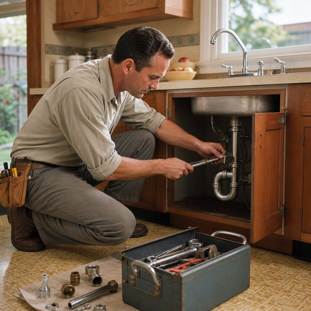 A 1960s plumber repairs a kitchen sink in a tidy suburban home.