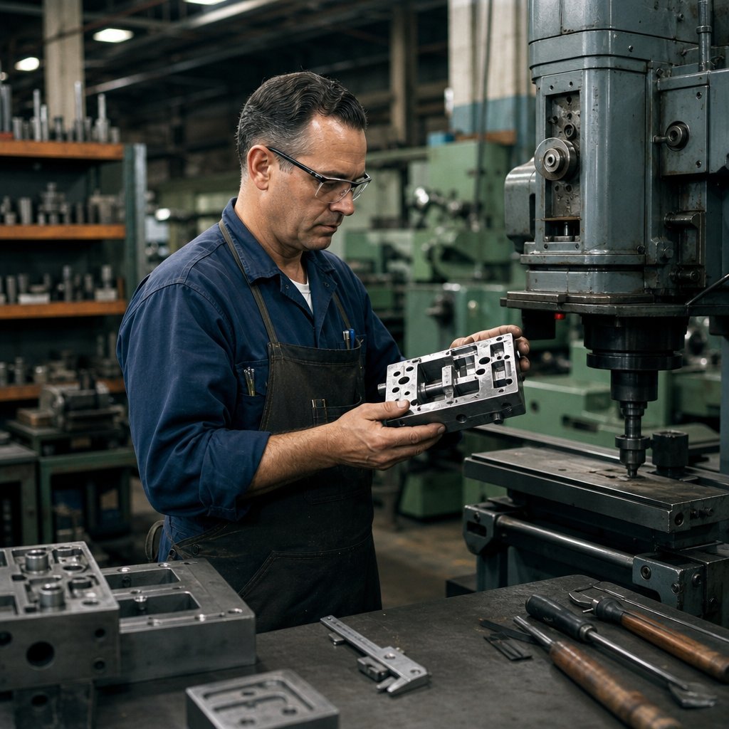 A 1960s-era tool-and-die maker inspects a metal component beside industrial machinery in a workshop.