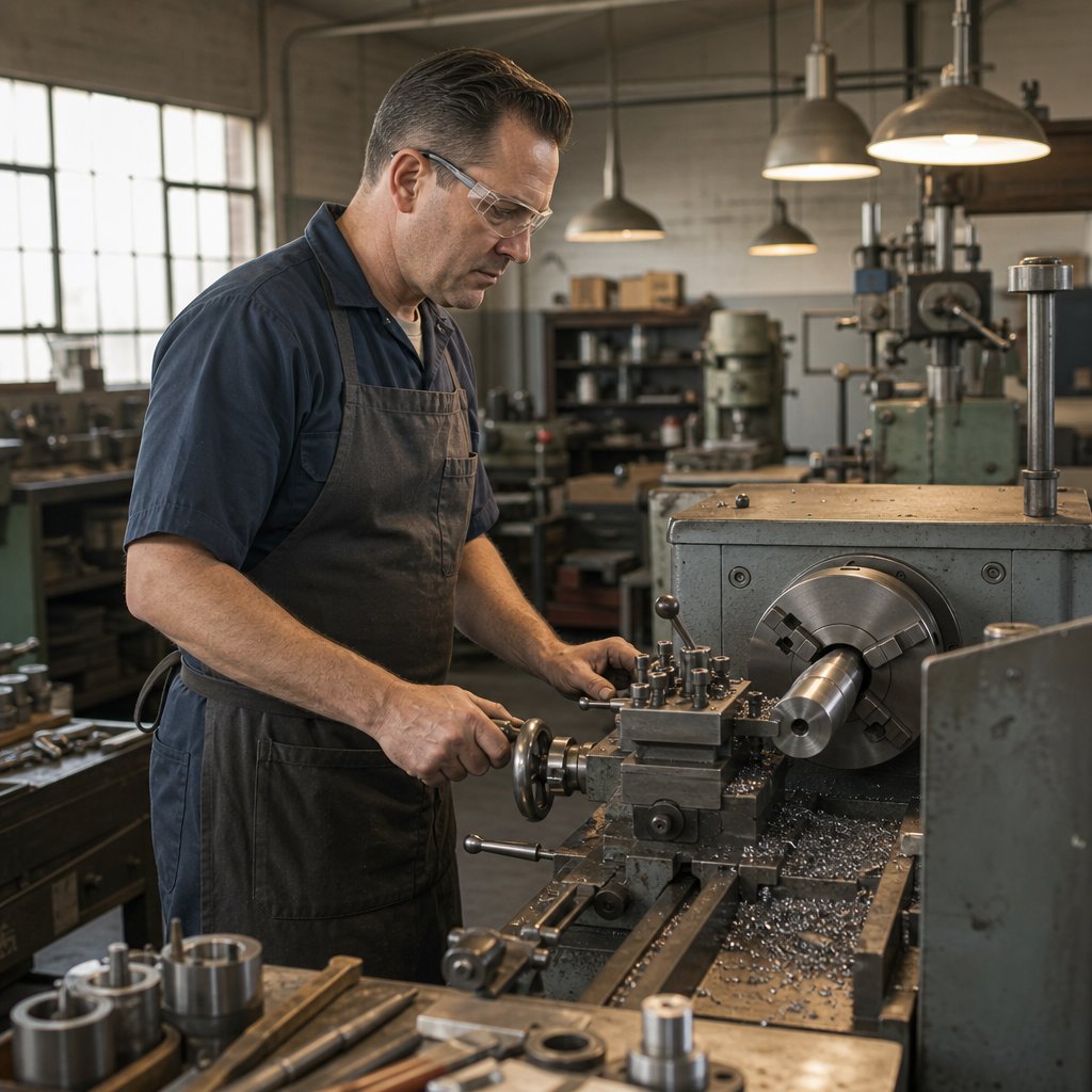 A skilled machinist operates a manual lathe in a 1960s-era machine shop.