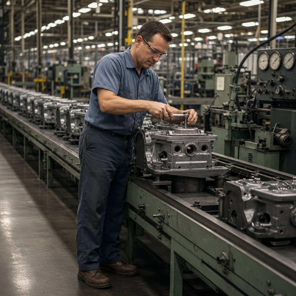 A 1960s factory worker assembles mechanical parts at an organized production line.