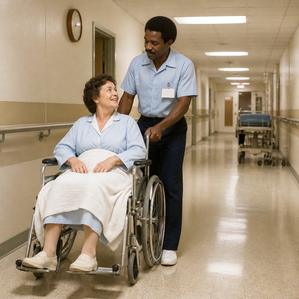 A hospital orderly transports a patient through a 1970s hospital corridor.