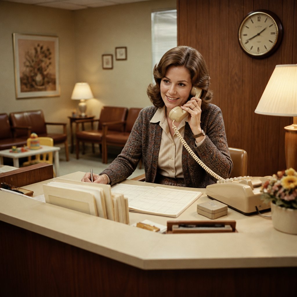 A 1970s dental office receptionist works at a front desk in a welcoming family dental clinic.
