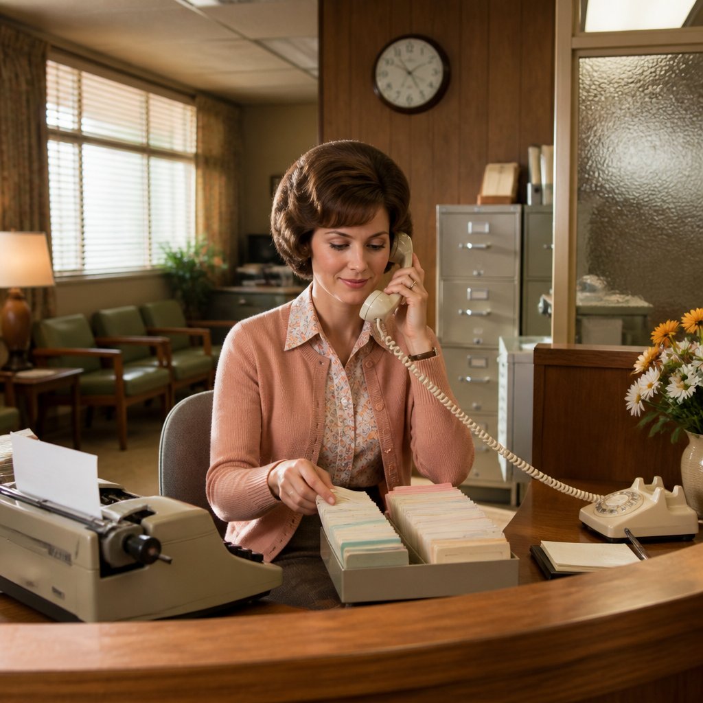 A 1970s medical secretary organizes appointment cards at a doctor's office reception desk.