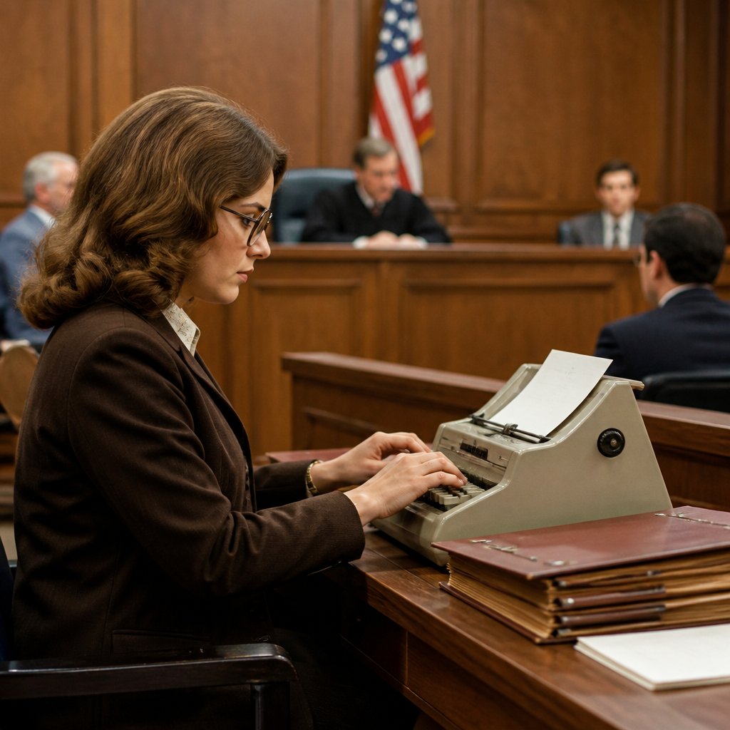 A 1970s court reporter records testimony at a stenography desk inside a wood-paneled courtroom.