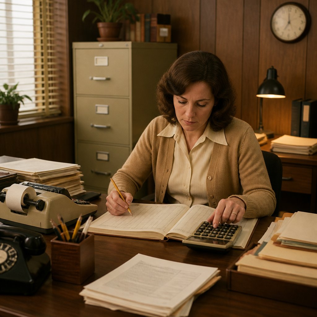 A bookkeeping clerk reviews ledger books and invoices at a desk in a 1970s office.