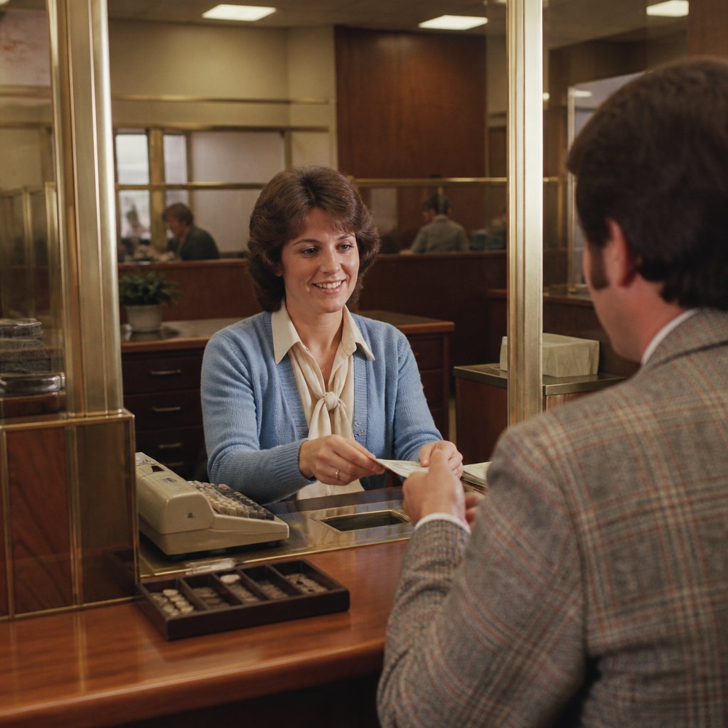 A bank teller assists a customer at a vintage 1970s bank counter.