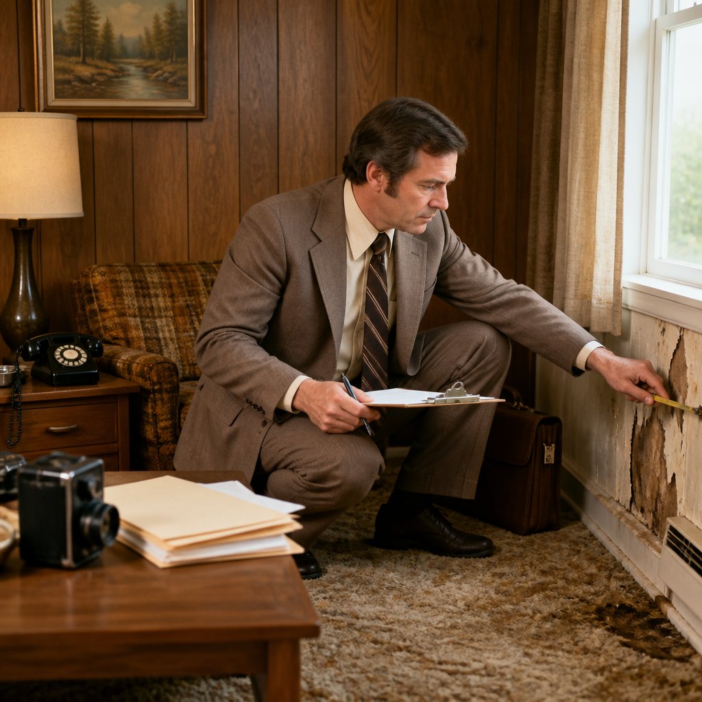 A 1970s insurance claims adjuster inspects water damage in a family living room.