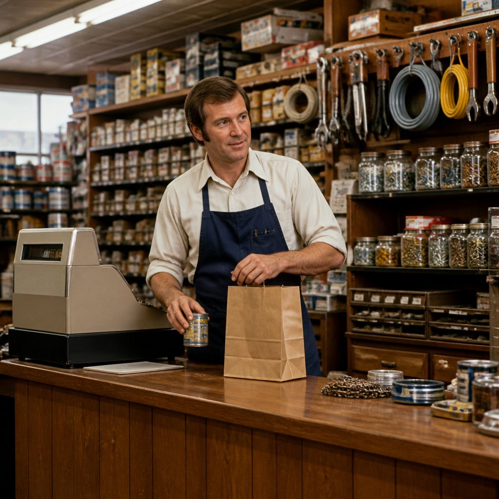 A 1970s hardware store clerk organizes supplies behind a neighborhood store counter.