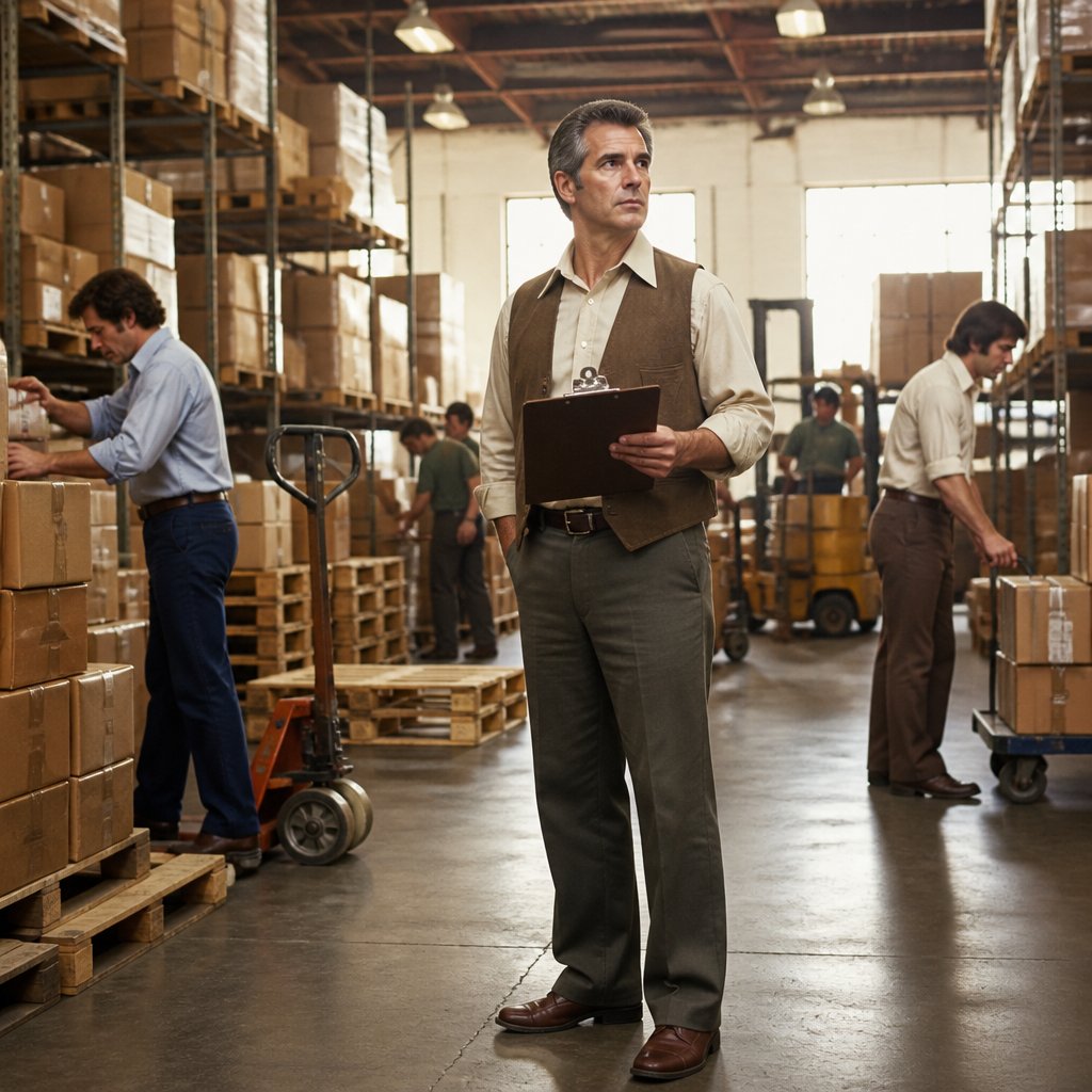 A warehouse supervisor oversees workers and stacked boxes inside a 1970s-era distribution warehouse.