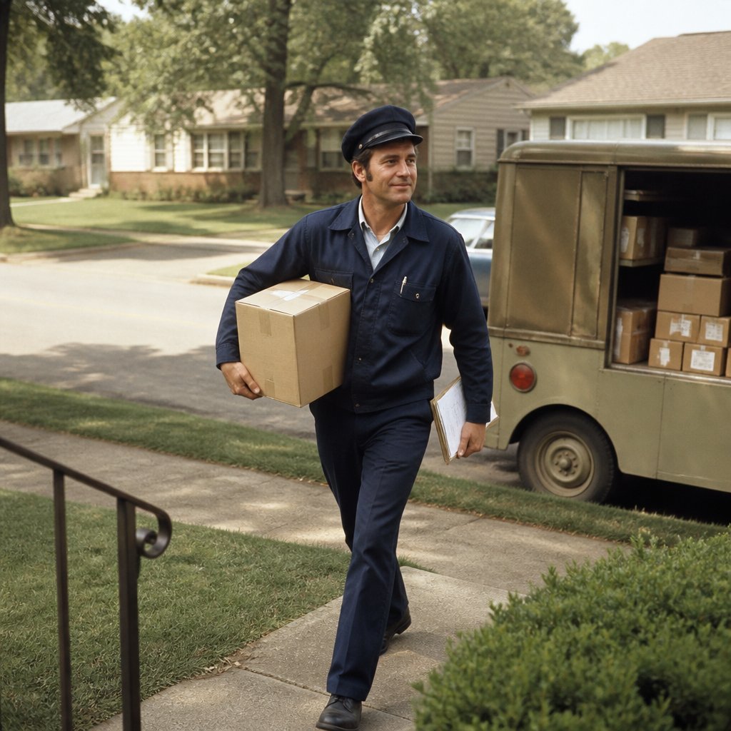 A 1970s delivery driver carries a package from a vintage delivery van toward a suburban home.