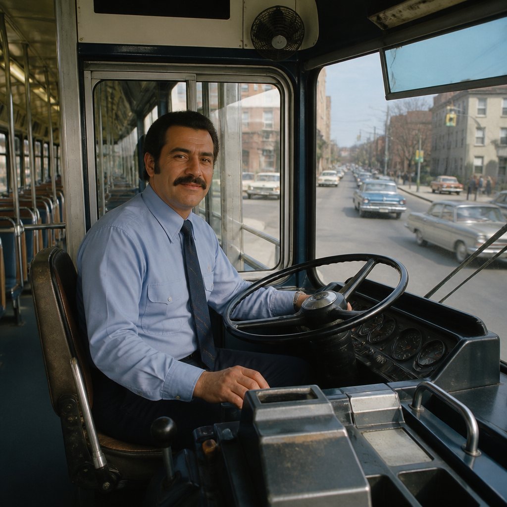 A 1970s city bus driver sits at the wheel of a classic urban bus.