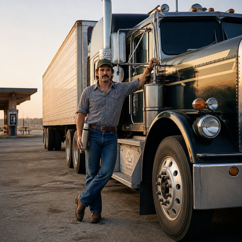 A 1970s truck driver stands beside a classic semi-truck at a roadside stop.