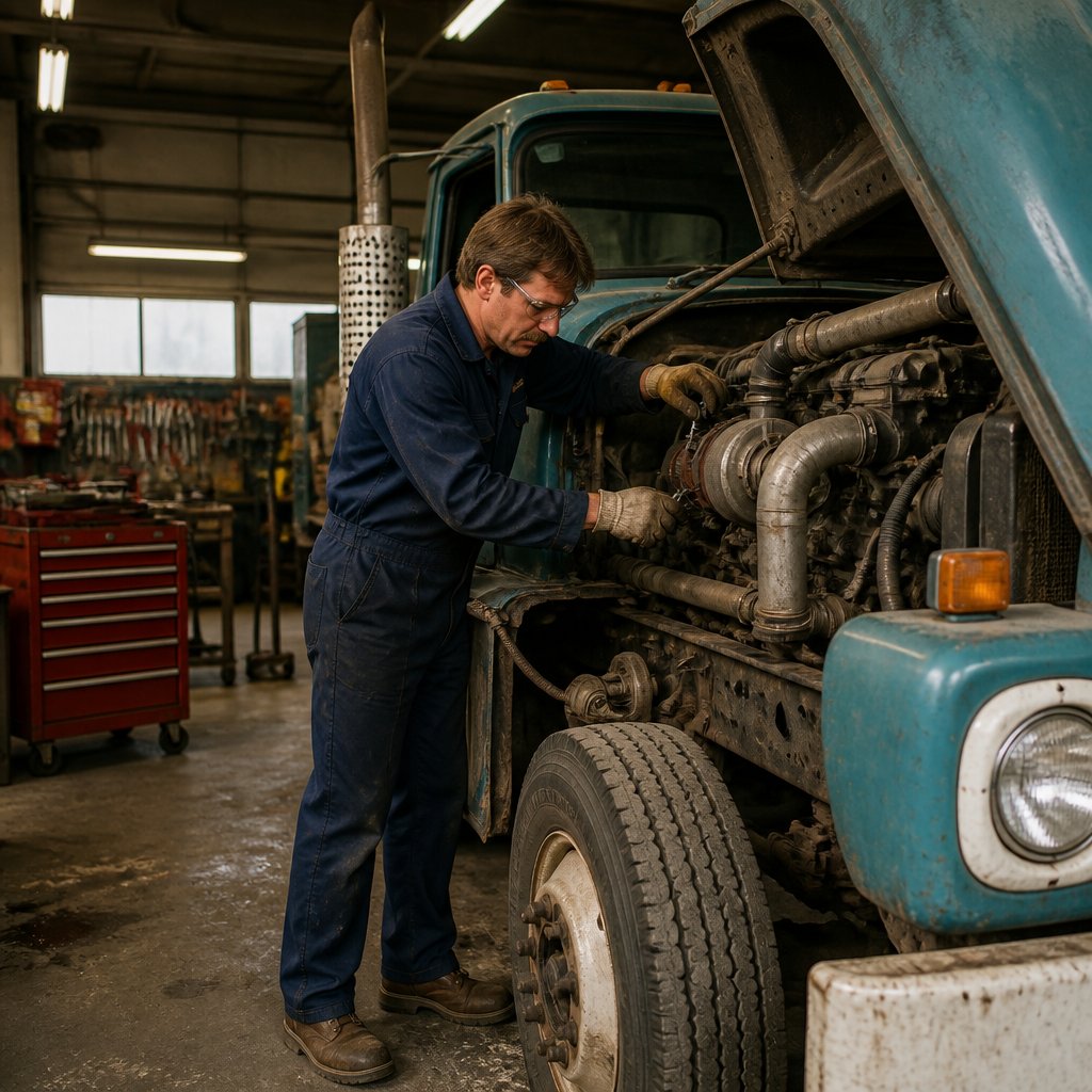 A diesel mechanic repairs the engine of a vintage truck in a garage.