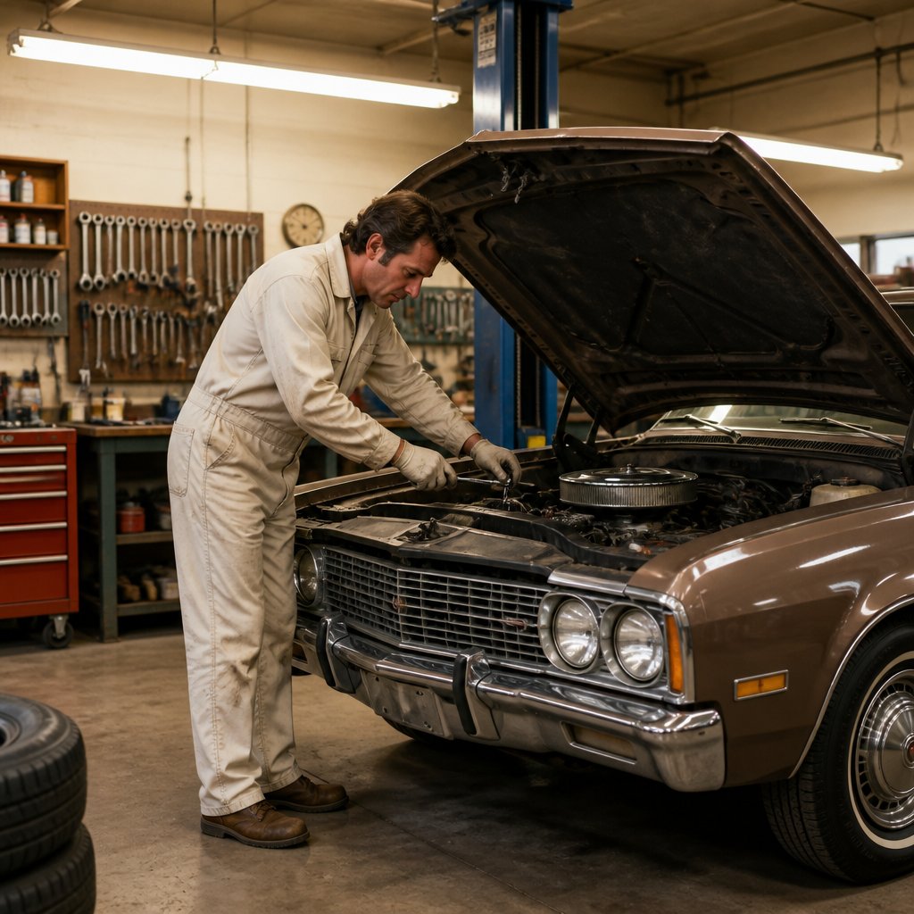 An auto mechanic repairs the engine of a classic 1970s car inside a vintage garage.