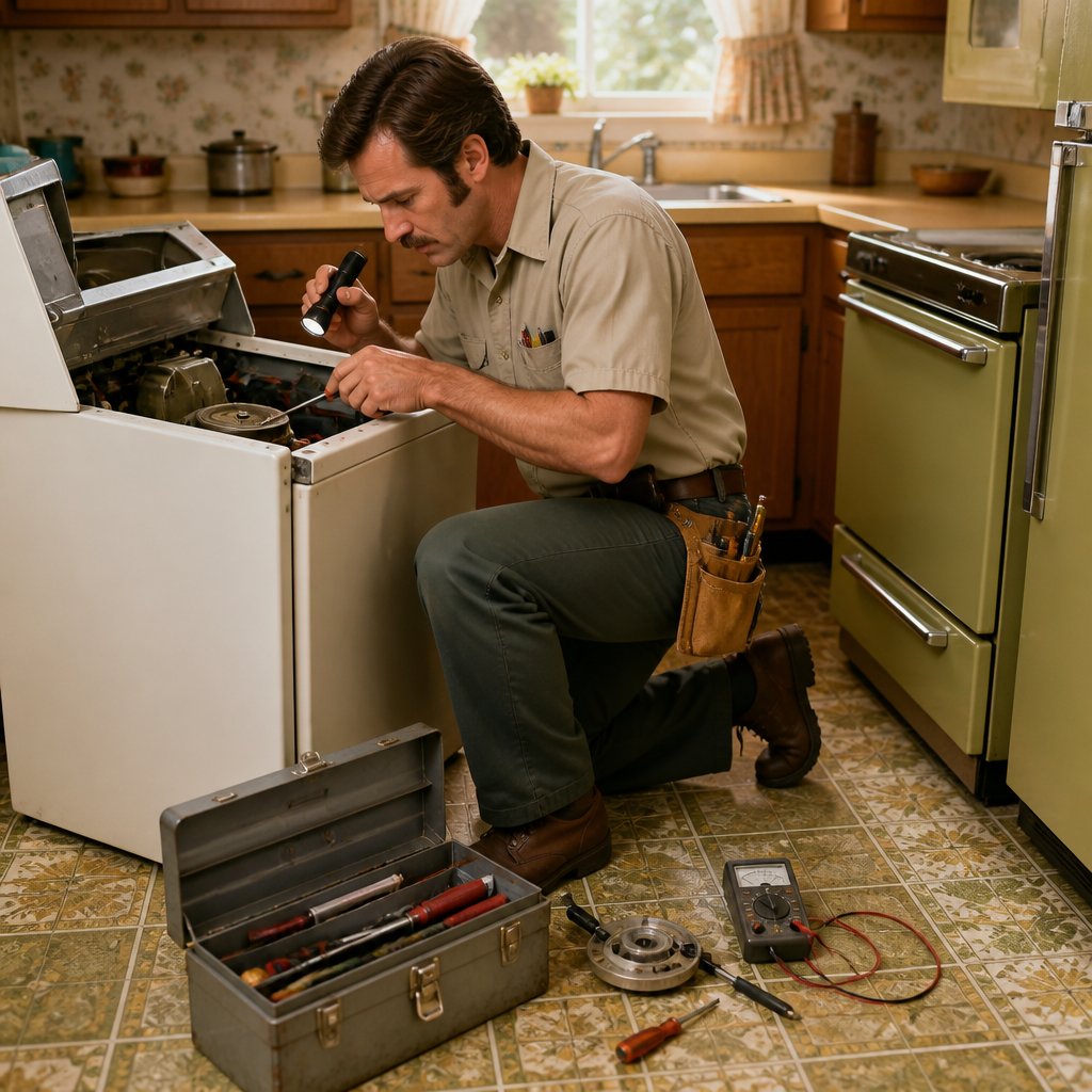 A repair technician examines an open vintage washing machine in a 1970s-style kitchen.