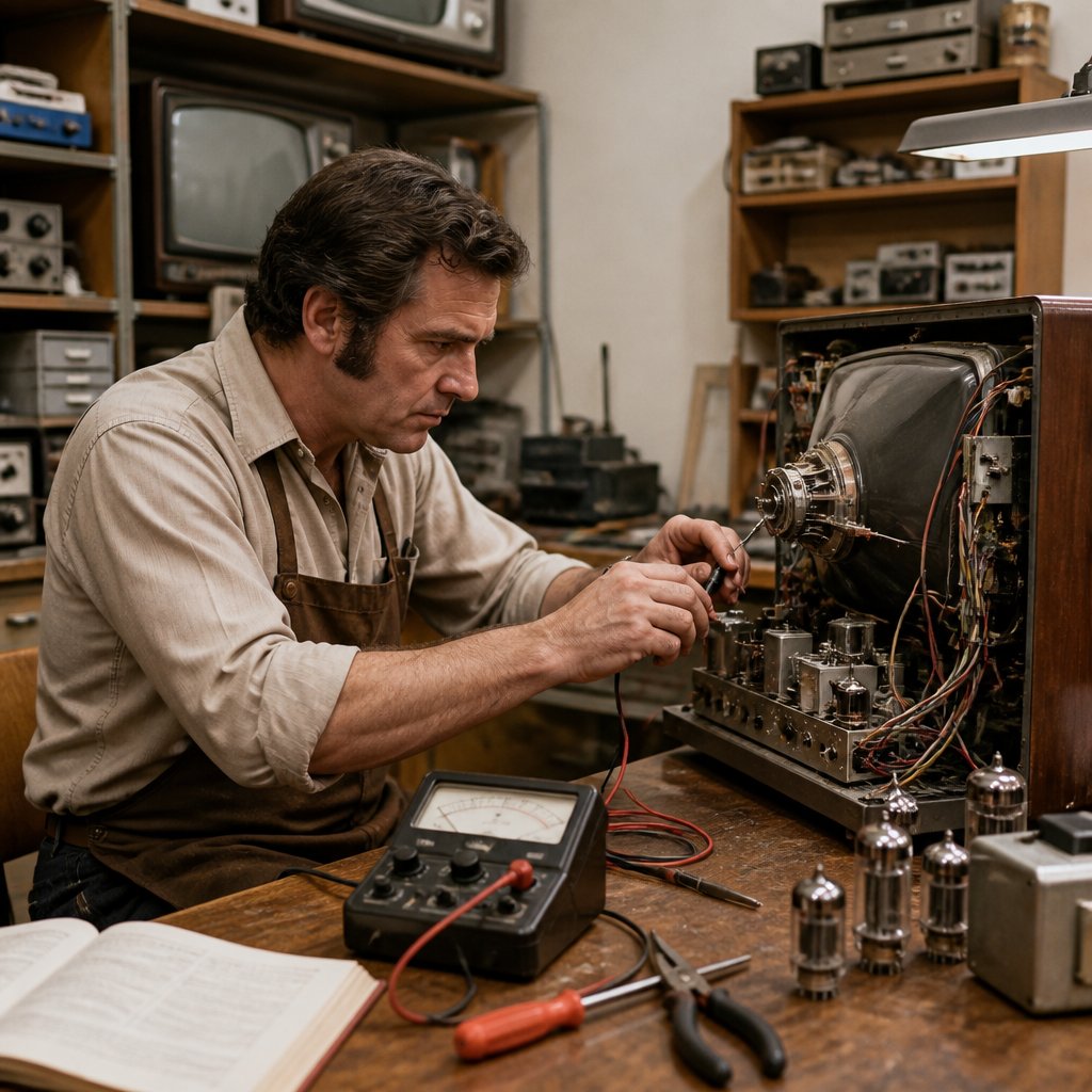 A television repair technician works on a vintage television in a 1970s repair shop.