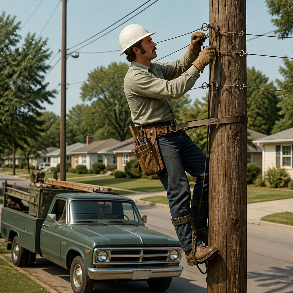 A 1970s telephone line installer repairs overhead wires from a wooden utility pole beside a suburban street.