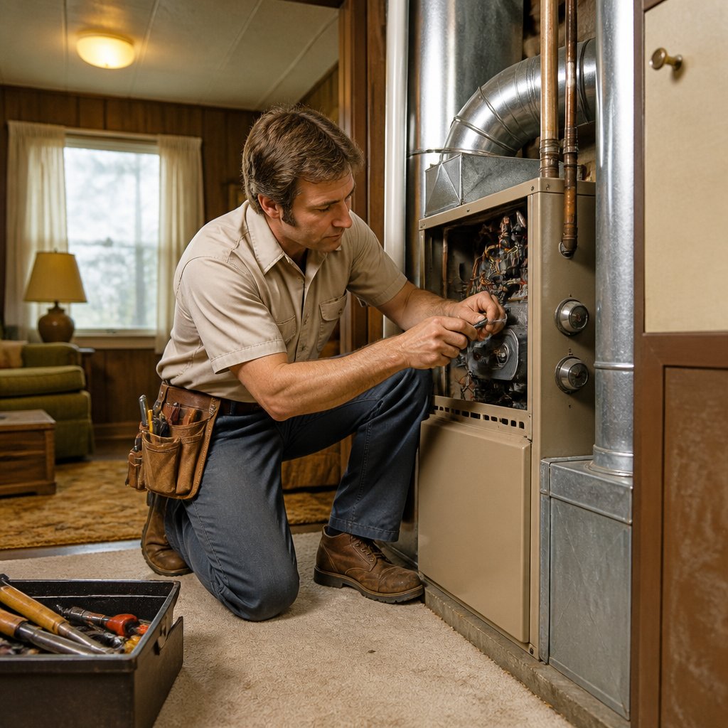An HVAC technician repairs a residential furnace in a 1970s-era home.