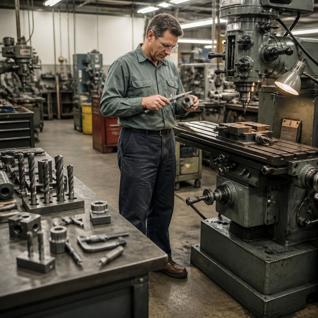 A tool-and-die maker inspects a metal component beside a milling machine in a vintage machine shop.