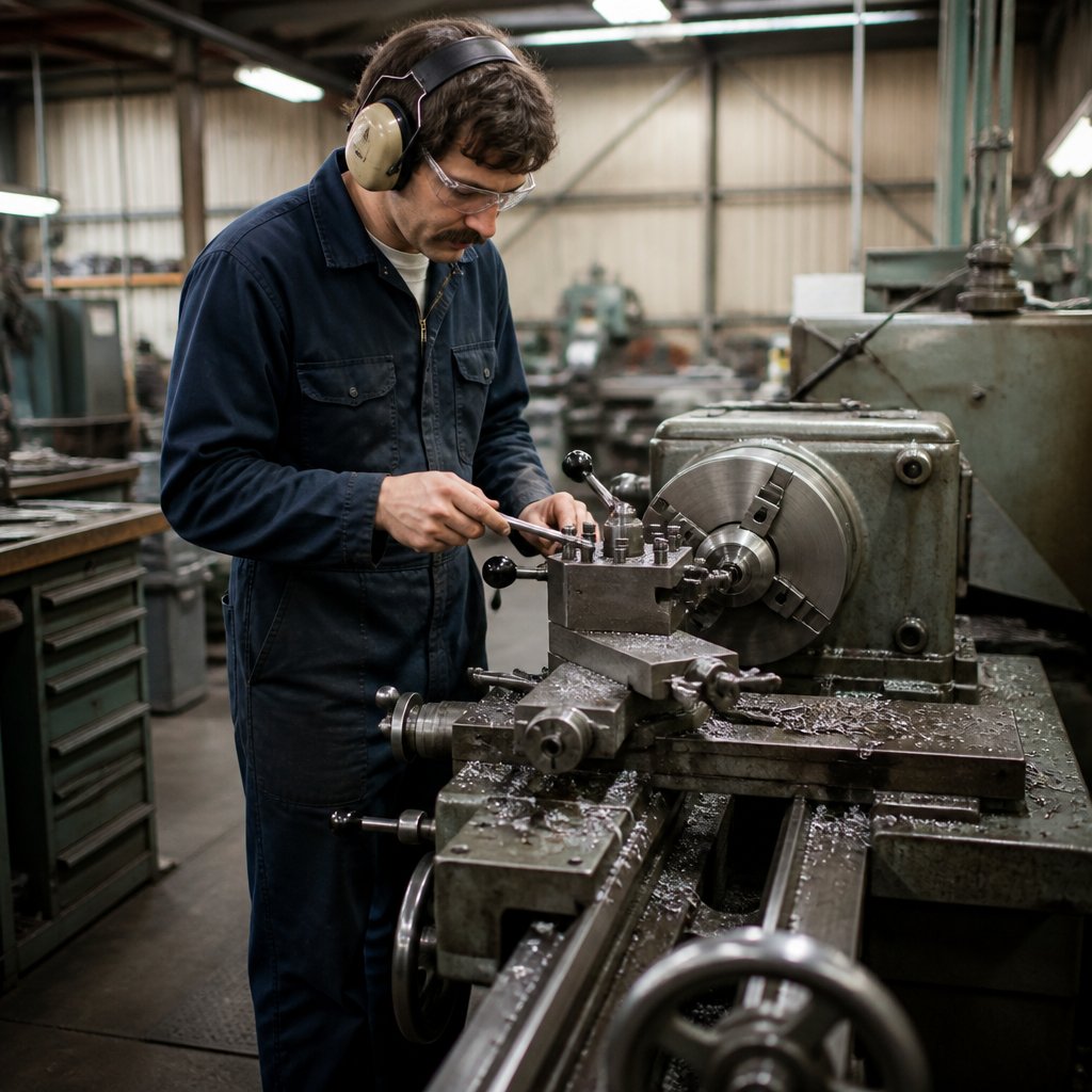 A machinist operates a metalworking machine in a 1970s industrial workshop.