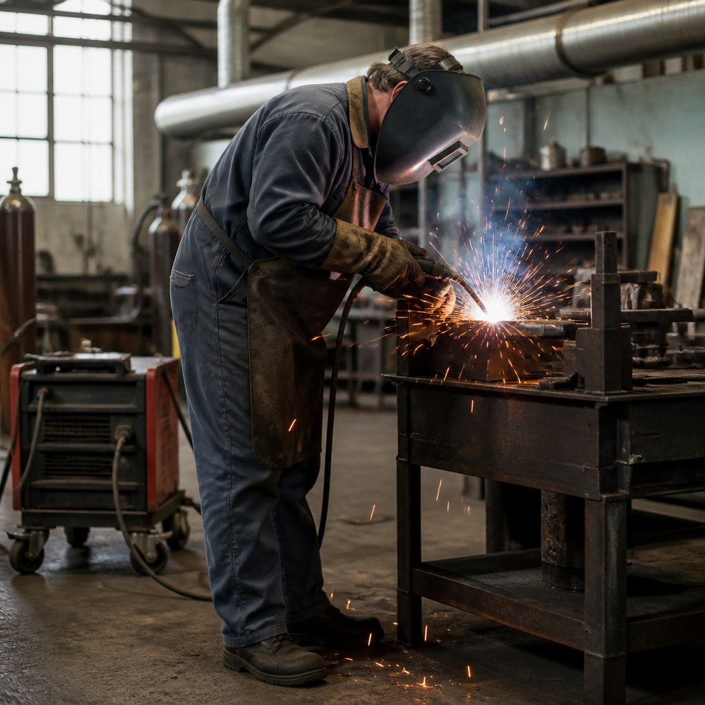 A welder in protective clothing works on metal in a 1970s-era industrial workshop.