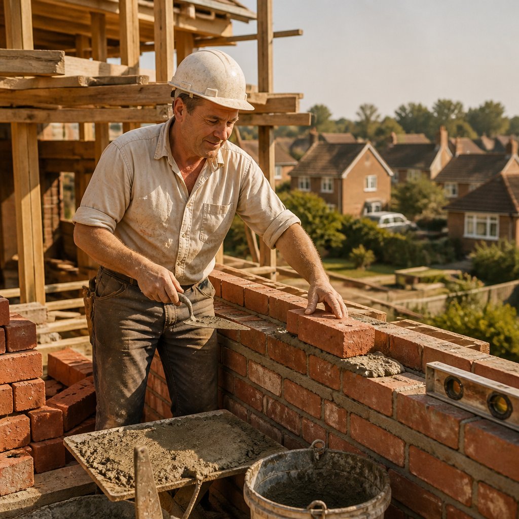 A bricklayer carefully builds a residential wall at a construction site.