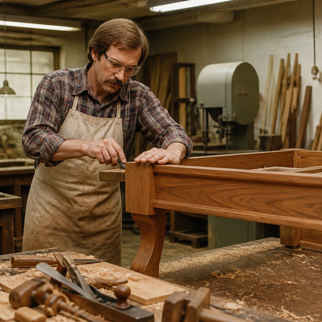 A carpenter measures and shapes wood at a workbench in a traditional woodworking workshop.