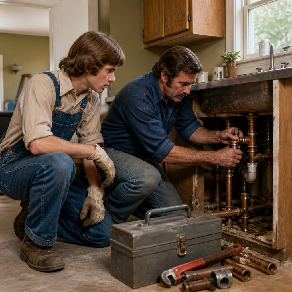 A young plumbing apprentice learns from an experienced plumber while working beneath a household sink.