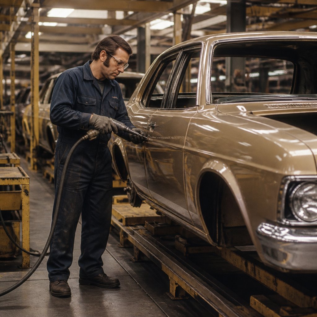 An automobile assembly worker uses a pneumatic tool beside a partially assembled car on a factory production line.