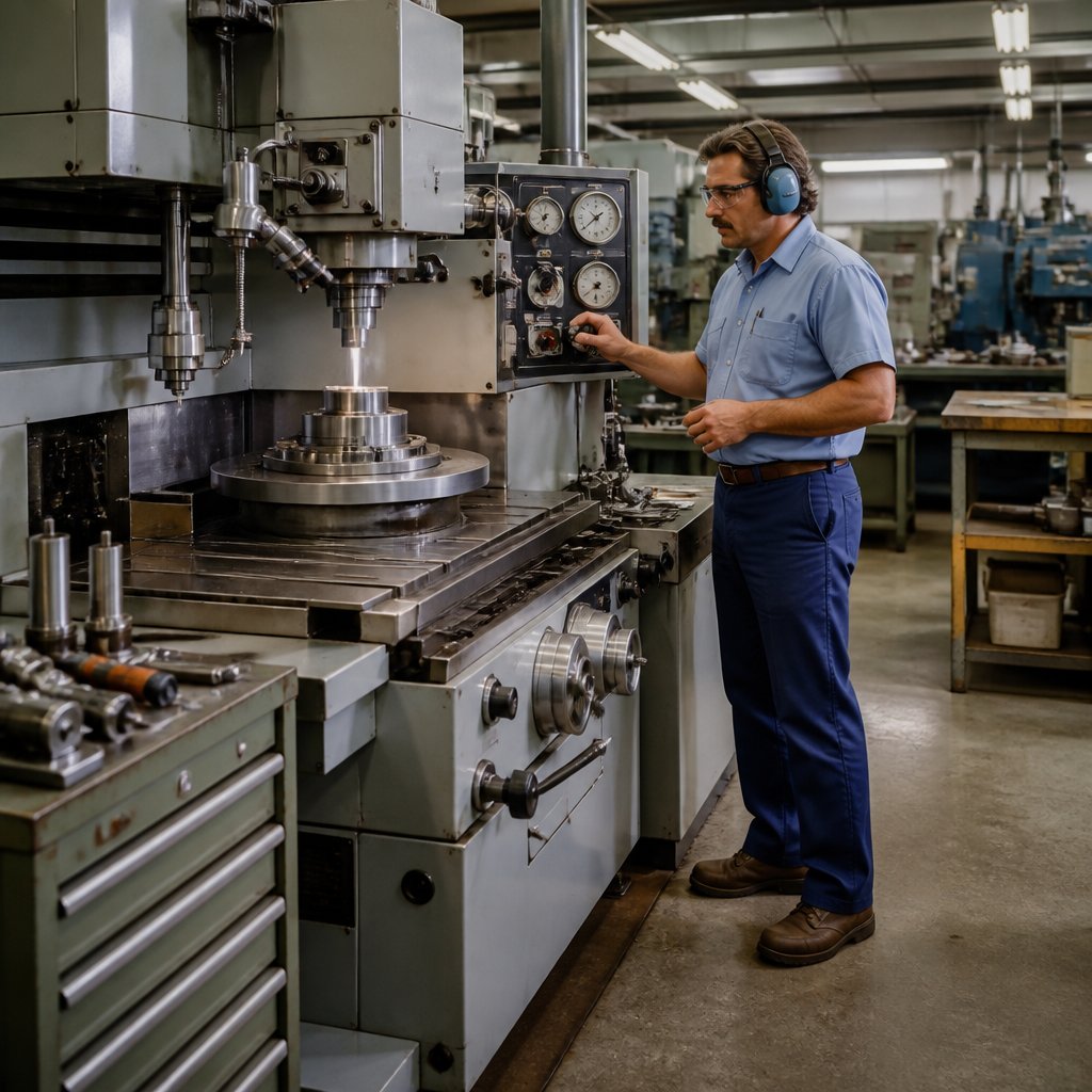 A factory machine operator monitors industrial equipment on a manufacturing floor.