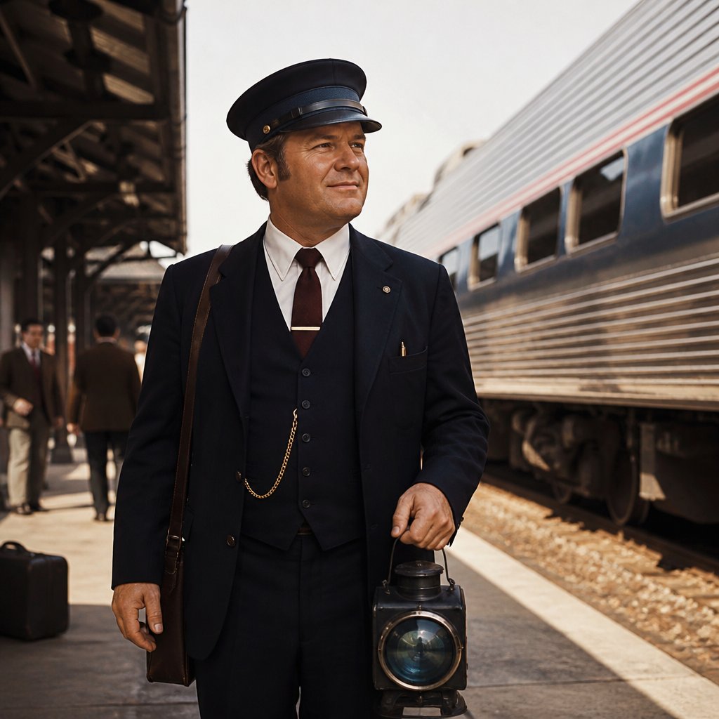 A 1970s railroad conductor in uniform stands beside a passenger train at a railway station.
