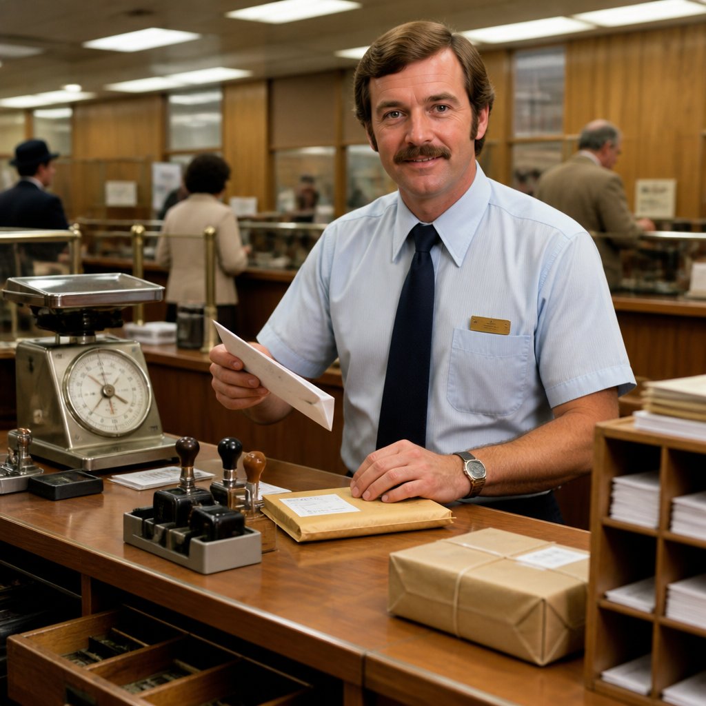 A postal clerk works behind the counter in a vintage 1970s post office.