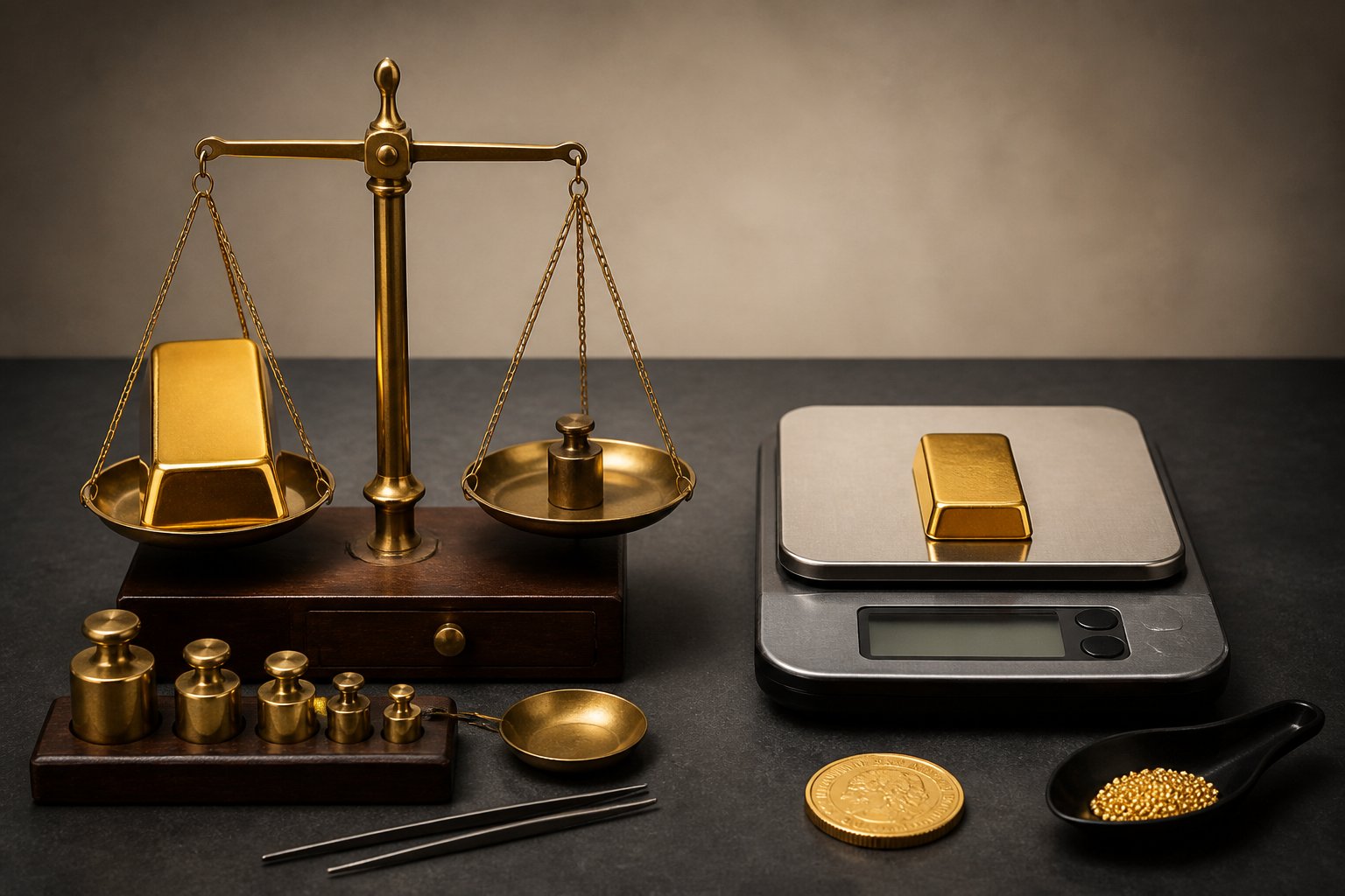 Two gold bars and precision scales arranged side by side to compare different ounce measurements.